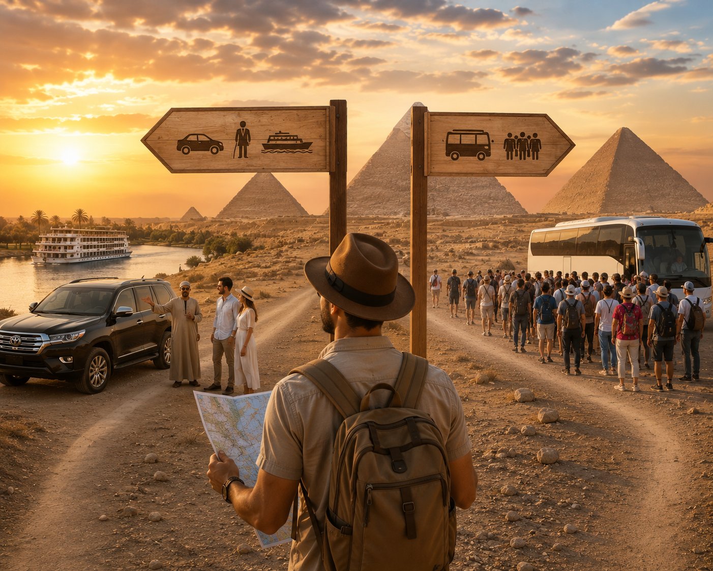Private and group tours comparison at the Giza Pyramids in Egypt