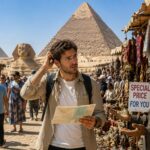 Tourist visiting the Giza Pyramids in Egypt for the first time