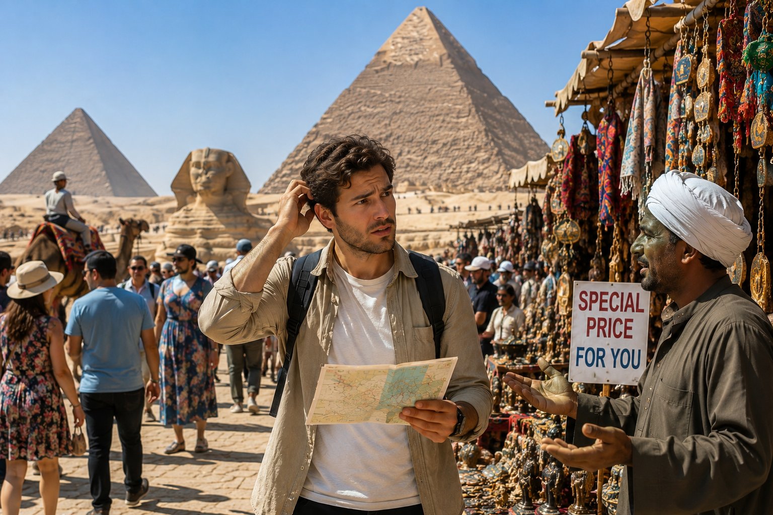 Tourist visiting the Giza Pyramids in Egypt for the first time