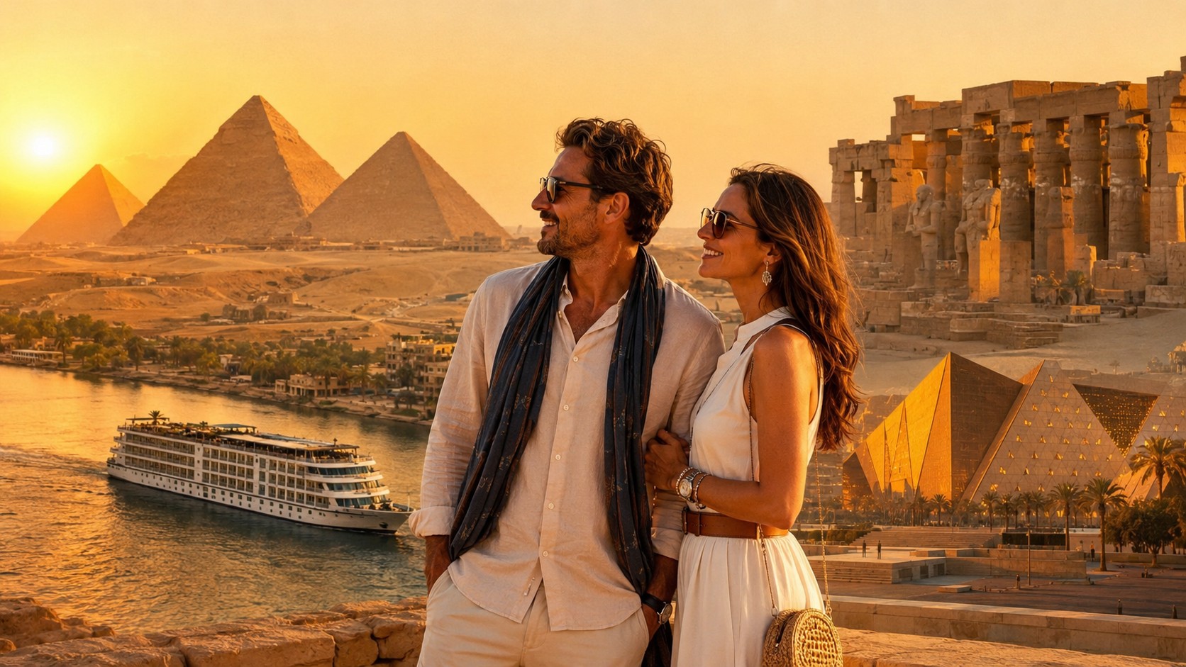 International couple overlooking the Great Pyramids of Giza with a luxury Nile Cruise, Luxor Temple, and the Grand Egyptian Museum representing a classic Egypt tour package.