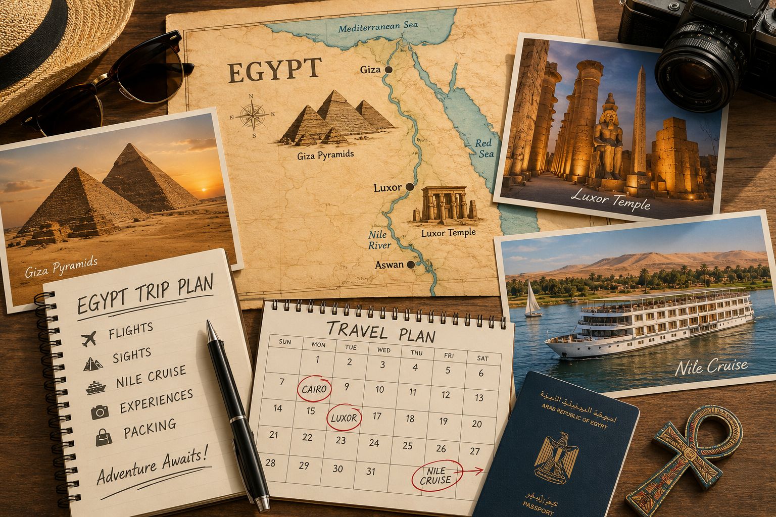 Traveler planning a 7-day Egypt itinerary including Cairo, Luxor, and Aswan.