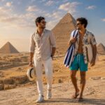 Tourists wearing comfortable and modest clothing while visiting the Giza Pyramids in Egypt.