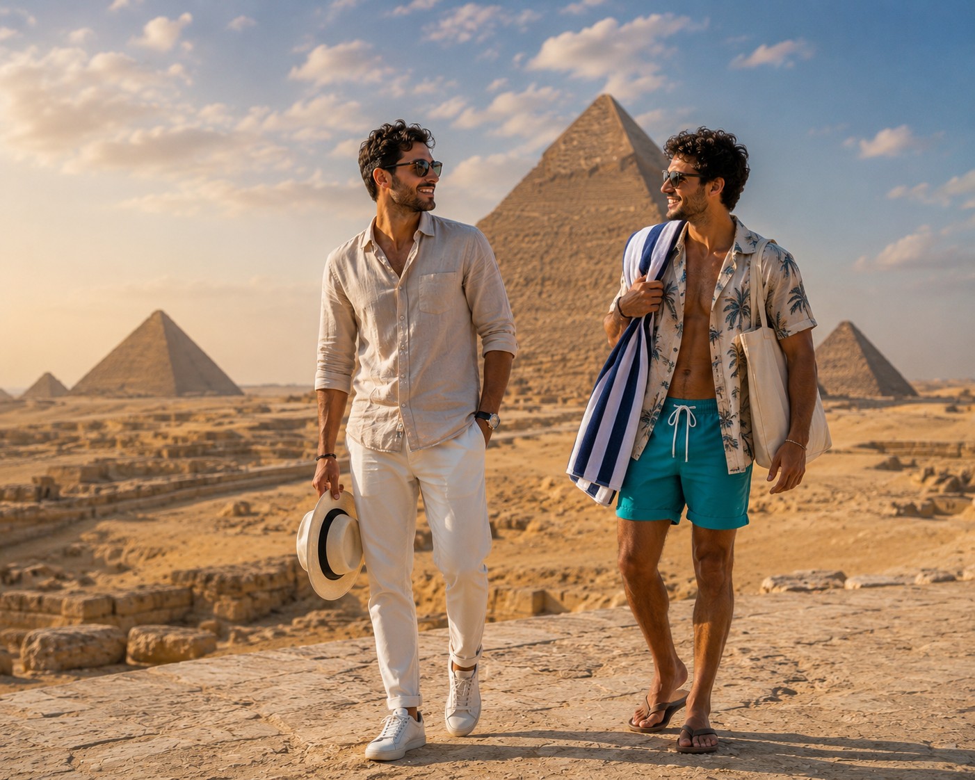 Tourists wearing comfortable and modest clothing while visiting the Giza Pyramids in Egypt.
