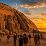Travelers visiting Abu Simbel Temple in southern Egypt during sunrise.