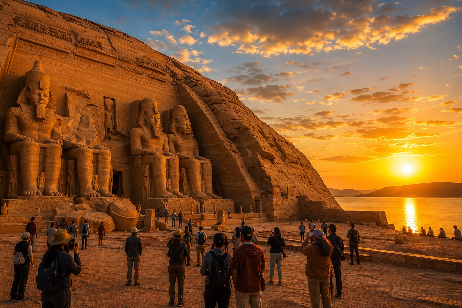 Travelers visiting Abu Simbel Temple in southern Egypt during sunrise.
